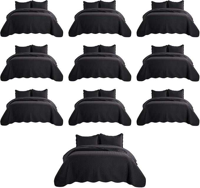 IR Imperial Rooms Queen Quilt Bedding Set (90" x 96") - Bulk Pack of 10 Wholesale for Hotels, Guest Bedroom & Airbnbs - Lightweight Microfiber Reversible Embossed Quilts Bedspreads (Black)