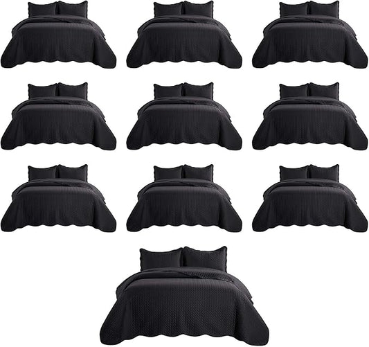 IR Imperial Rooms Queen Quilt Bedding Set (90" x 96") - Bulk Pack of 10 Wholesale for Hotels, Guest Bedroom & Airbnbs - Lightweight Microfiber Reversible Embossed Quilts Bedspreads (Black)