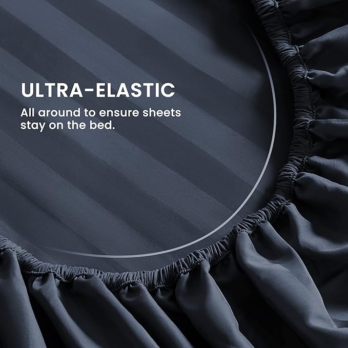 SLEEP ZONE Striped Cooling Sheets Set King Size - Fitted Flat Sheet & Pillowcase Sets 4 Piece - Super Soft Stripe Bed Sheet, Easy Care, Deep Pocket (Navy Blue, King)