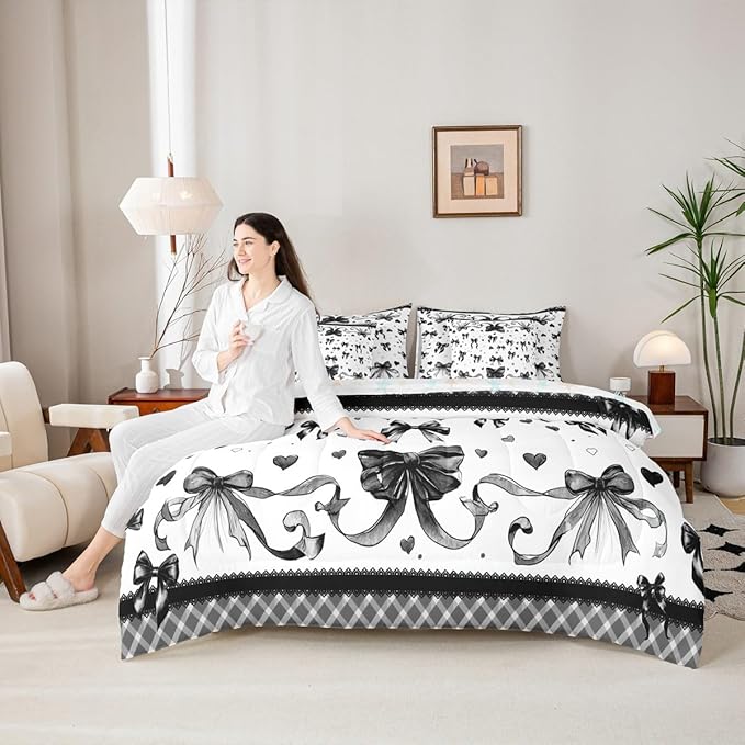 Feelyou Bowknot Comforter Set Twin Size 7 Pieces Dreamy Princess Bedding Set for Kids Boys Girls Cute Bow Bed in a Bag with Comforter, Sheets, Pillowcases, Cushion Covers Love Hearts Quilted Soft