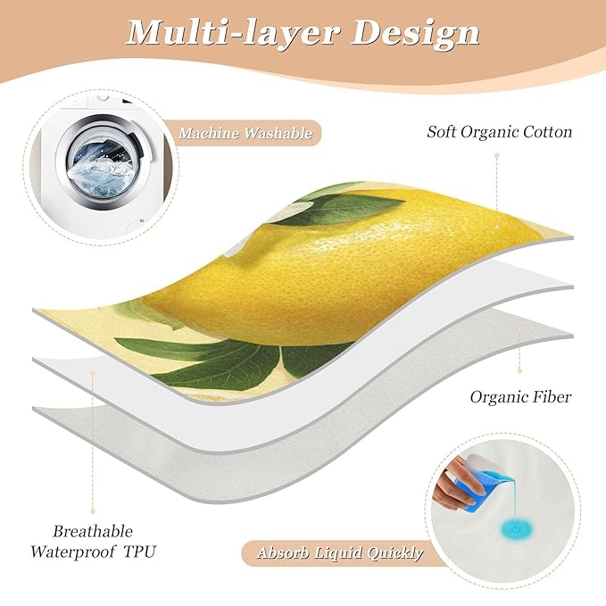 Waterproof Bed Pad Reusable Changing Pad Toddler Mattress Protector Large Pee Pad Baby Diaper Pad Soft Washable Liner Fresh Yellow Floral Lemons