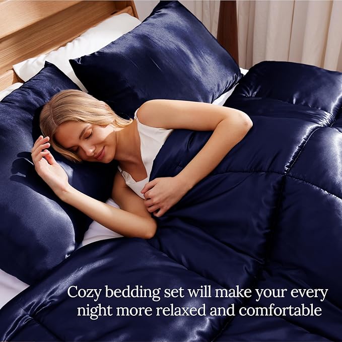 Whale Flotilla 3-Piece Reversible Silky Soft King Size Comforter Bedding Set, Luxurious Satin Comforters Oversized with 2 Satin Pillowcases, Lightweight Duvet for All Seasons, Navy