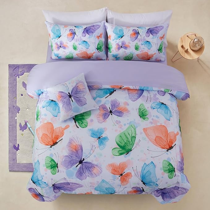 A Nice Night 6pcs Bed in A Bag Watercolor Ink Wash Tie-Dye Butterfly Flying Printed, Butterflies Bedding Comforter Set, Purple Green Queen