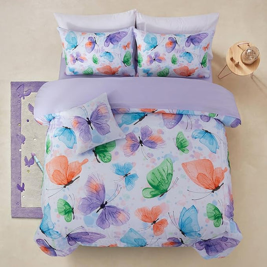 A Nice Night 6pcs Bed in A Bag Watercolor Ink Wash Tie-Dye Butterfly Flying Printed, Butterflies Bedding Comforter Set, Purple Green Twin