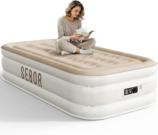 Sebor Air Mattress Twin with Built-in Pump 18", Comfortable Self-Inflating Air Mattress with High-Speed Pump, Durable Blow Up Mattress Twin with Storage Bag for Guests, Camping, Travel