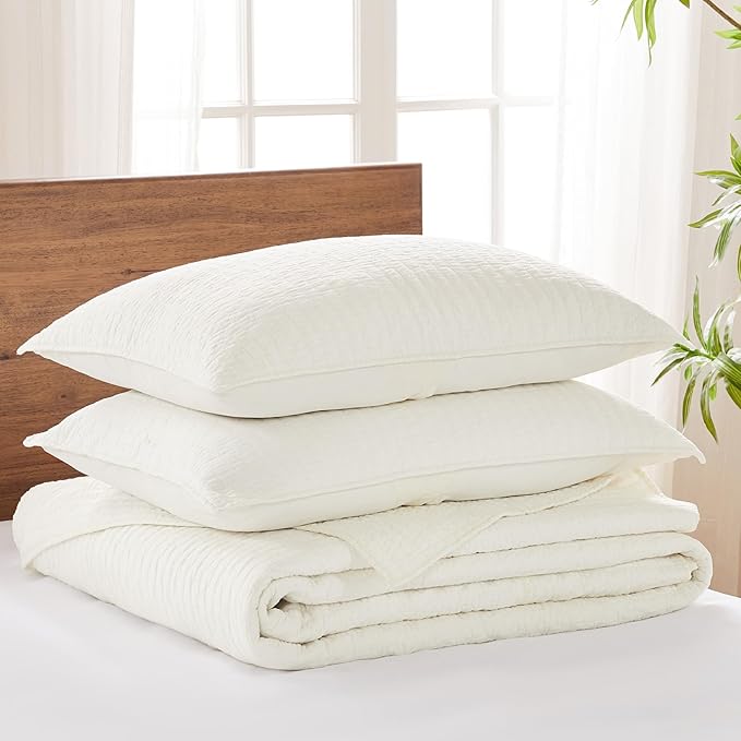 Levtex Home Cross Stitch Reversible Full Bedspread Set (100x104in) with 2 Pillow Shams (26x20in) - Stitch Texture - Cream - 100% Cotton Full Size Bedspread Set - Lightweight, Soft, Pre-Washed