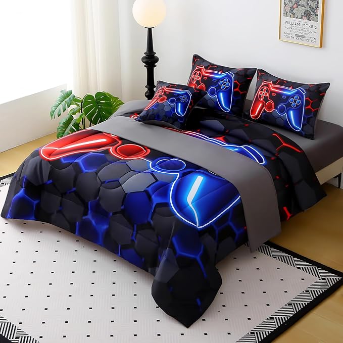 JQinHome Queen Gaming Bedding Set 6-Piece Comforter for Kids Teens - 3D Video Game Console Print Bed in a Bag with Ultra-Soft Fluffy Sheets, Red-Blue Unisex Design (Queen)