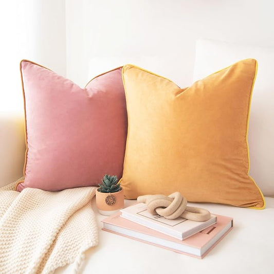 MONDAY MOOSE Decorative Throw Pillow Covers Cushion Cases, Set of 2 Soft Velvet Modern Double-Sided Designs, Mix and Match for Home Decor, Pillow Inserts Not Included (22x22 inch, Yellow/Pink)