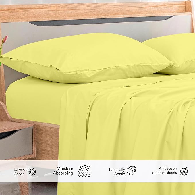Royale Linens 300 Thread Count 100% Long Staple Combed Cotton Flat Sheet - Super Soft - Top Sheets - Queen Flat Sheet Sold Separately - Breathable, Cool & Crisp Percale Sheets Only (Queen, Yellow)