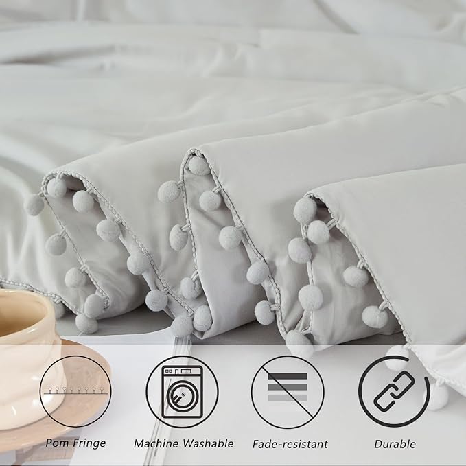 PERFEMET Light Grey Comforter Twin Size 5-Piece Bed in a Bag Set Pom Pom Bedding with Sheets for Girls Boys Soft Fluffy Down Alternative Boho Solid Comforter Set(Light Grey, Twin)