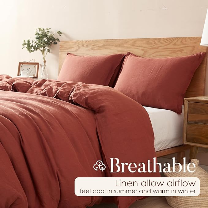 DAPU 100% Linen Duvet Cover Set - Pure Natural French Flax Linen with Corner Ties and Zipper Closure Soft Breathable Durable for Hot Sleepers 1 Duvet Cover 2 Pillowcases (Rust Red, King)