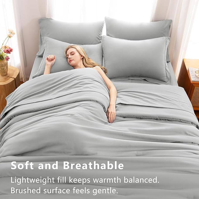 CozyLux Queen Comforter Set Light Grey, 7 Pieces Bed in a Bag Queen Comforter Set with Sheets, Soft Bedding Sets with Down Alternative Comforter, Fitted Sheet, Flat Sheet, Pillow Shams and Pillowcases