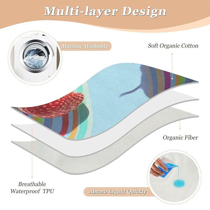 Waterproof Bed Pad Reusable Changing Pad Toddler Mattress Protector Large Pee Pad Baby Diaper Pad Soft Washable Liner Fresh Strawberries and Colorful Lines
