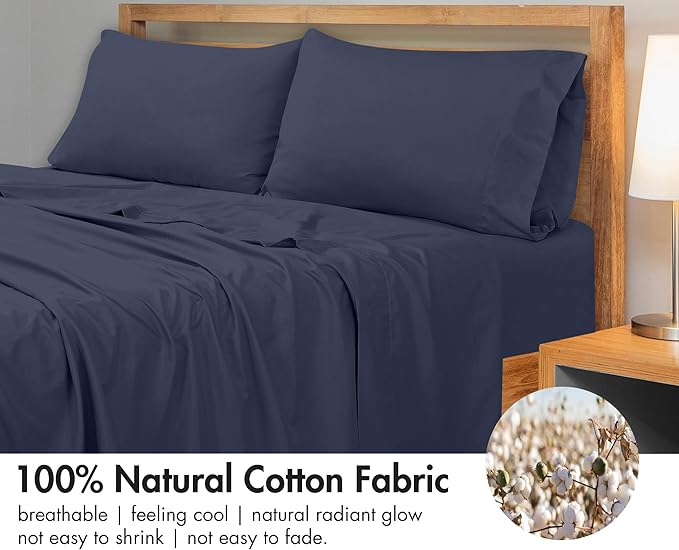 Royale Linens 300 Thread Count 100% Long Staple Combed Cotton Flat Sheet - Super Soft - Top Sheets - Full Flat Sheet Sold Separately - Breathable, Cool & Crisp Percale Sheets Only (Twin XL, Navy)