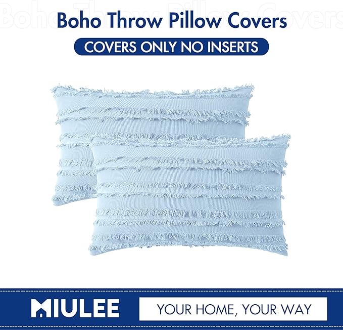 MIULEE Set of 2 Decorative Boho Throw Pillow Covers Linen Striped Jacquard Pattern Summer Cushion Covers for Sofa Couch Living Room Bedroom 12x20 Inch Light Blue