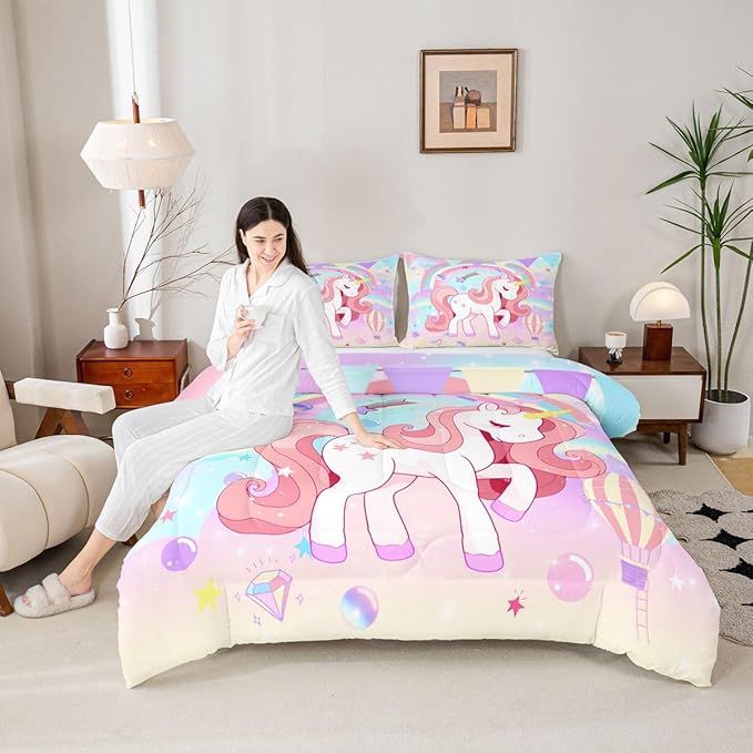 Erosebridal Unicorn Full Bedding Sets for Girls Cute Rainbow Unicorn Comforter Set Bedroom Decor for Girls Kids Horse Duvet Set Ombre Bedding Stars Magical Animal Down Comforter Reverse 3Pcs