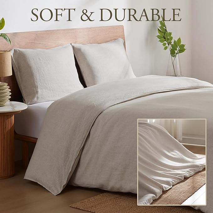 DAPU 100% Linen Duvet Cover, Pure Natural French Flax Linen with Corner Ties and Zipper Closure, Soft Breathable Durable for Hot Sleepers 1 Duvet Cover 2 Pillowcases (Natural Linen, Queen)