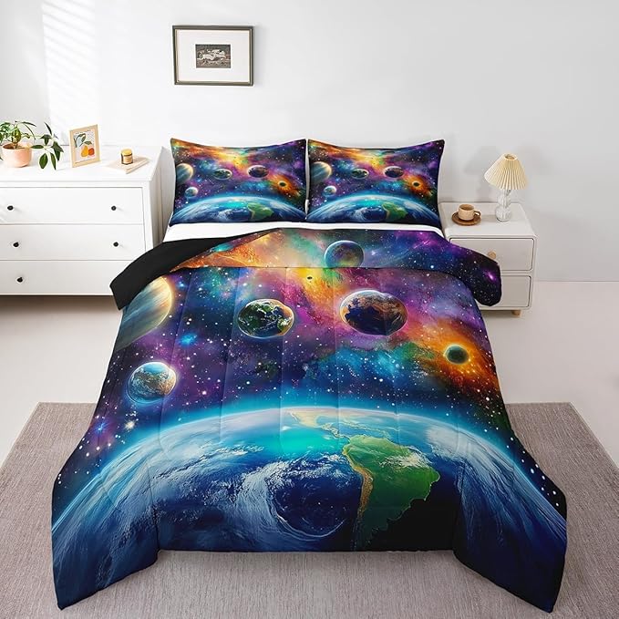 Feelyou Universe Galaxy Comforter Set Queen Size Kids Planets Earth Bedding Set Boy Girl Teen Solar System Comforter Breathable Outer Space Duvet Set Nebula Quilt Set