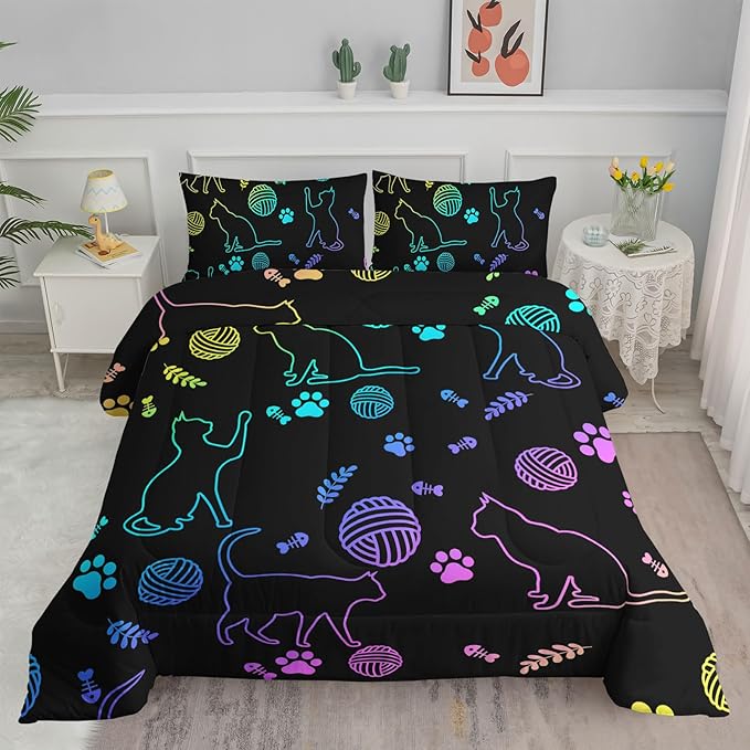 Black Cat Bedding Cartoon Cat Comforter Set Queen,Neon Cat Paw Ball of Yarn Printed Kids Bedding for Cat Lover Boys Girls Adults Room Decor,Kids Comforter,1 Quilt 2 Pillow Cases,Neon Color Purple Blue