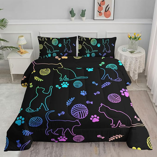 Axolotl Neon Cat Bedding Comforter Set King,Cartoon Cats Bedding Paw Ball of Yarn,Colorful Gradient Line Cats Kids Bed Set for Cat Lover Girls Boys Adults,Cartoon Animal Comforter with 2 Pillow Cases