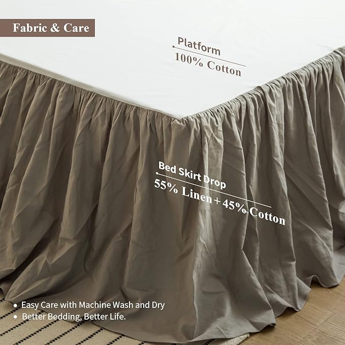BISELINA French Linen Bed Skirt with Pleated Frills 18-Inch Tailored Drop Natural Flax Cotton Blend Dust Ruffle Soft Cozy Farmhouse Bedding (18" Queen, Ruffle Grey)