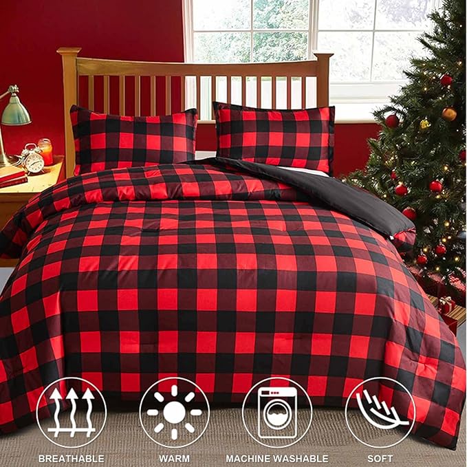 Nanko Merry Christmas Queen Size Duvet Cover, Red and Black Grid Plaid Buffalo Check Pattern Print Microfiber Comforter Cover Set, New Year Modern Bedding Sets for Women Men, 3Pcs 90x 90 in