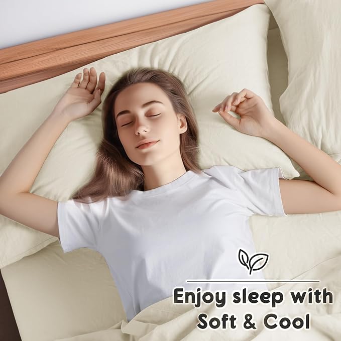SONORO KATE 100% French Pure Linen Queen Size Sheets, Breathable and Durable, 16 Inch Deep Pocket - 4 Piece (Cream)