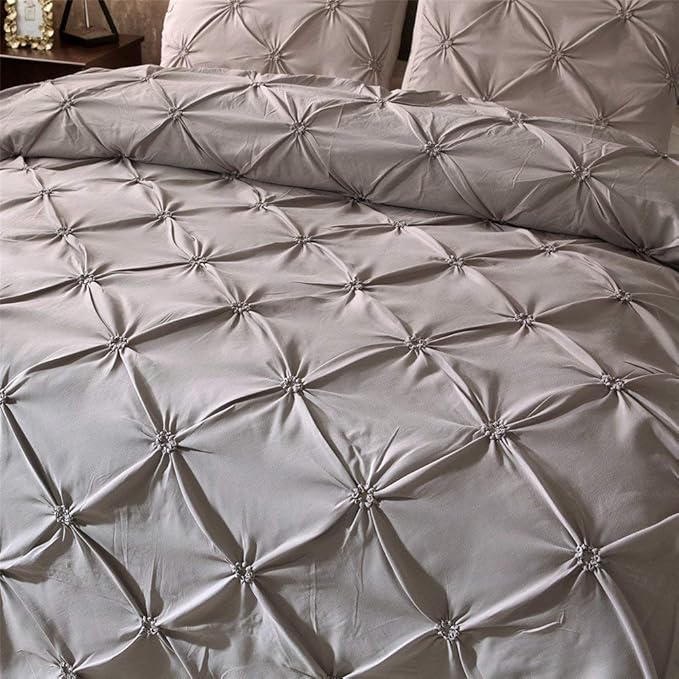 Feelyou King Duvet Cover Set Pinch Pleated, Soft Polyester Pintuck Tufted Style Bedding Sets Solid Grey Geometric Quilt Cover with 2 Pillow Shams, Luxurious Comforter Cover Set,3-Pieces