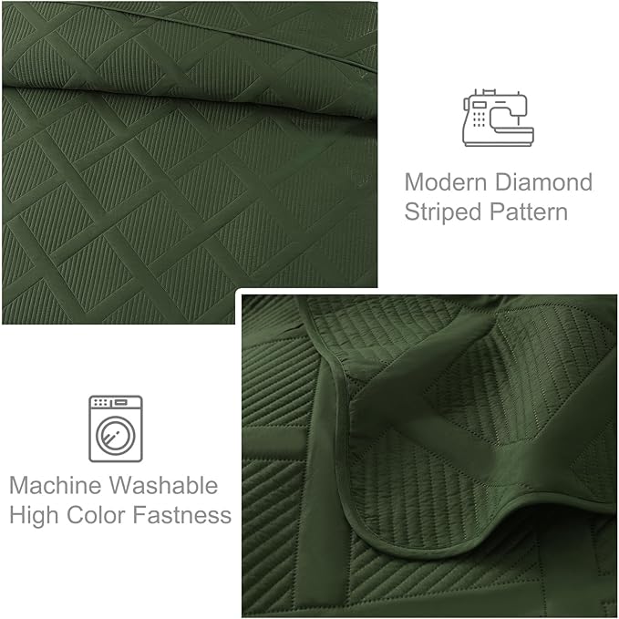 Exclusivo Mezcla Quilts Queen Size - Olive Green Quilt Set Bedspread with 2 Pillow Shams, Modern Bedding Set with Striped Pattern, Soft Lightweight Bedspreads Queen Size for All Seasons