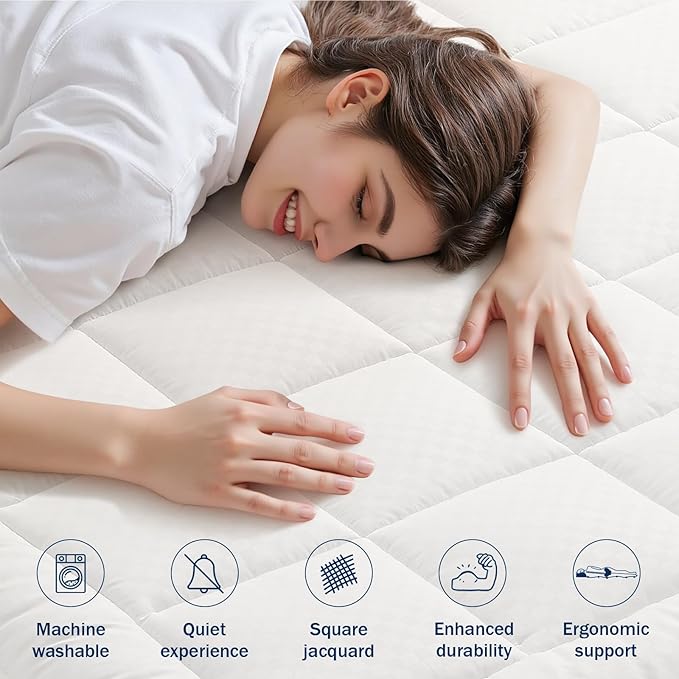 OLANLY Queen Quilted Fitted Mattress Pad, Elastic Fitted Mattress Topper, Cooling Soft Mattress Cover Stretches up to 21 Inches Deep, Machine Washable Mattress Protector (60x80 inch, Off White)
