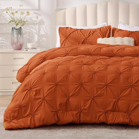 BEDELITE Burnt Orange King Size Comforter Set - 3 Pieces Boho Pintuck Bedding Comforter Sets, Lightweight Soft & Warm King Bedding Set with 2 Pillowcases for All Season