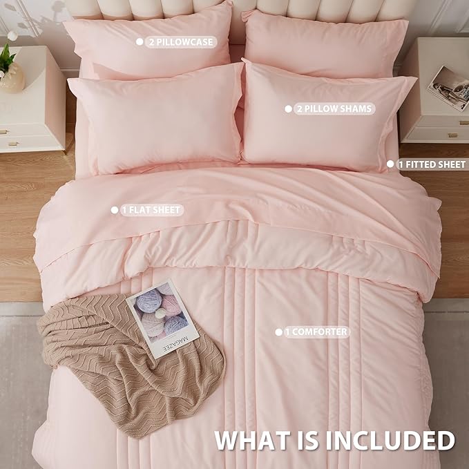 King Comforter Set Pink - Bed in a Bag King Size 7 Pieces, Soft Bedding Set for All Seasons, Premium King Comforter Set with Comforter, Sheets, Pillowcases & Shams