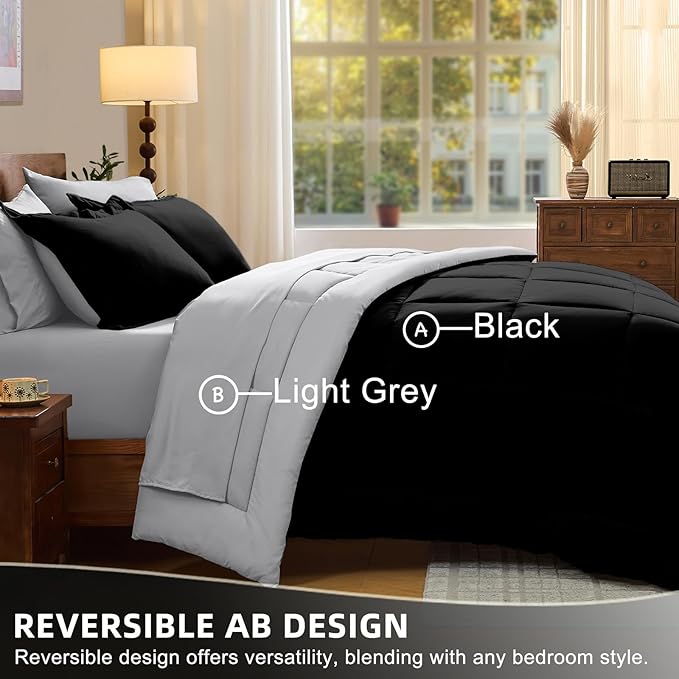 FUANNA Full Size Comforter Sets 7 Pieces, Reversible Bed in a Bag with All Season Soft Comforter, Bedding Sets Includes Comforter, Flat Sheet, Fitted Sheet, Pillowcases & Shams, Black & Light Grey