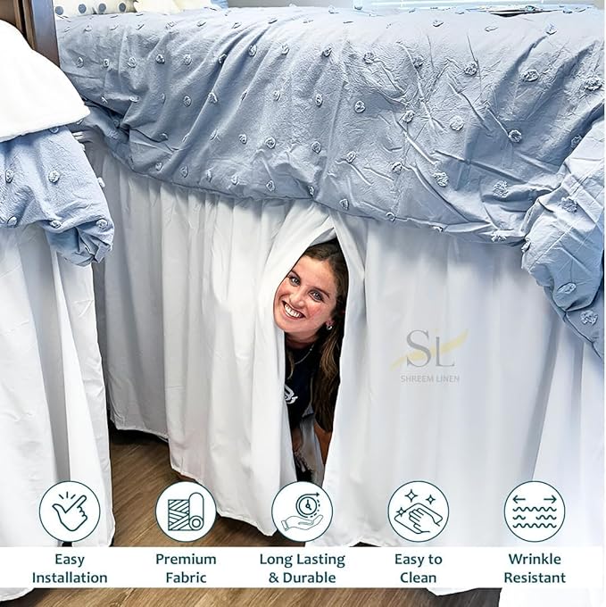 Shreem Linen Dorm Room Bed Skirt Twin XL 46 Inch Drop, 100% Microfiber Extra Long Bedskirt, White