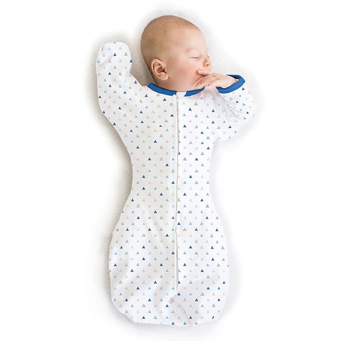 SwaddleDesigns Transitional Swaddle Sack, Arms Up Half-Length Sleeves & Mitten Cuffs, Swaddle for Newborn Transition to Baby Sleep Sack Wearable Blanket, Lrg, 6-9 Month, 21-24 lb, Blue Tiny Triangles
