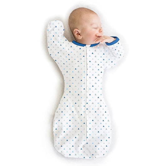 SwaddleDesigns Transitional Swaddle Sack, Arms Up Half-Length Sleeves & Mitten Cuffs, Swaddle for Newborn Transition to Baby Sleep Sack Wearable Blanket, Lrg, 6-9 Month, 21-24 lb, Blue Tiny Triangles