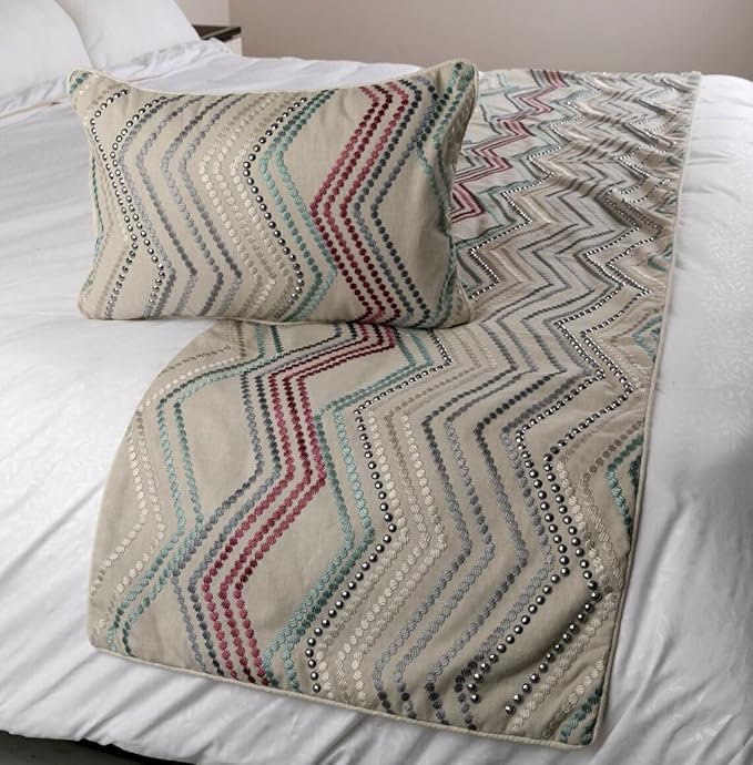 The HomeCentric King Queen Twin Beige Linen Bed Runner & Decorative Throw Pillow Cover, Full Size 68"x18" Bed Runner & Pillow Cover, Linen & Embroidery, Chevron Modern Pattern - Dotty Chevron