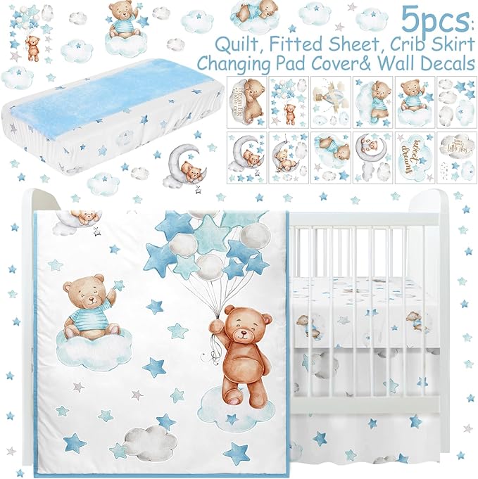 Mixweer 5 Pcs Crib Bedding Set for Toddlers Include Cloud Balloon Bear Theme Crib Sheets, Skirt, Comforter, Pad Cover, Wall Stickers for Boys or Girls Nursery Bedding Sets(Blue)