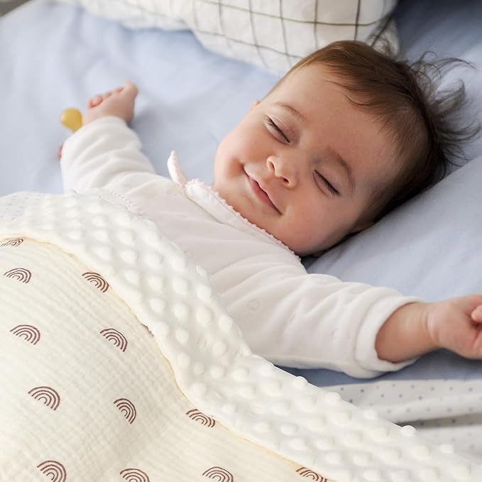 Cotton Muslin Front Nursery Fluffy Dotted Fleece Back Receiving Bed Quilt, Reversible Baby Blanket for Unisex Newborn Baby Toddler Boys Girls
