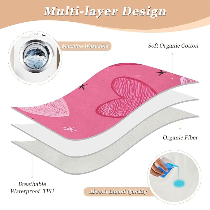 Waterproof Bed Pad Reusable Changing Pad Toddler Mattress Protector Large Pee Pad Baby Diaper Pad Soft Washable Liner Hearts Stars Hot Pink