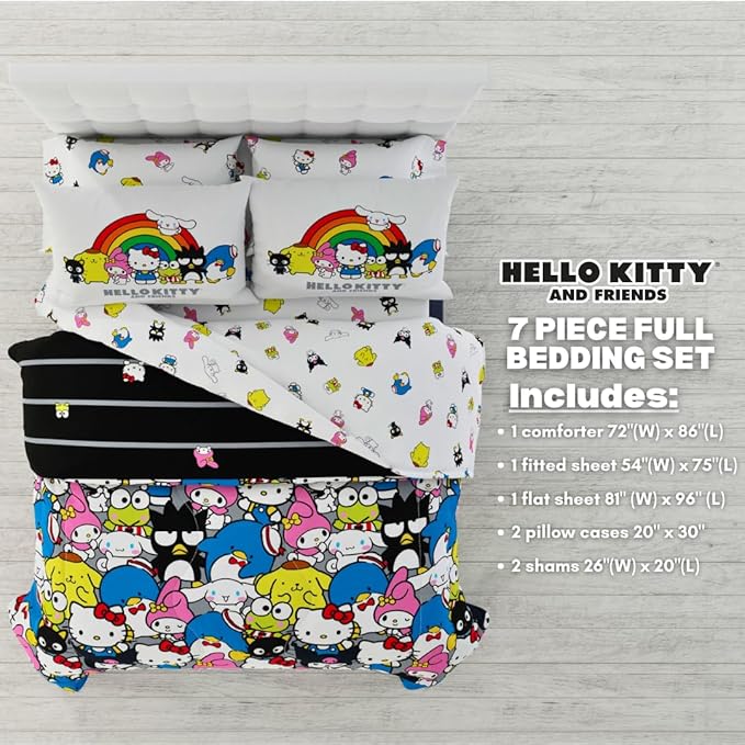 Franco Collectibles Hello Kitty & Friends Bedding 7 Piece Super Soft Comforter and Sheet Set with Sham, Full, (Official Licensed Product)