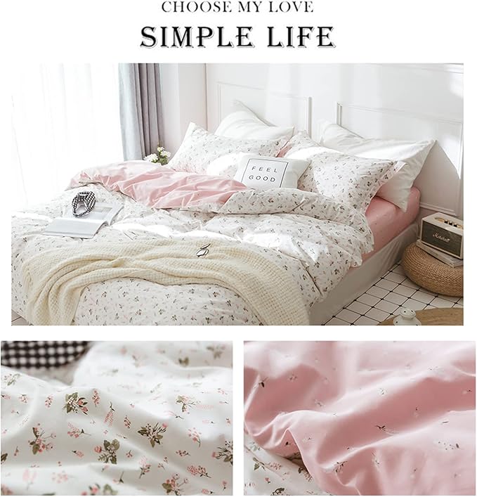 HighBuy Boho Floral Duvet Cover King Pink White Floral Cotton Coquette Bedding Comforter Covers King Lightweight Soft for Girl Garden Style Aesthetic Bedding Set with Zipper Closure