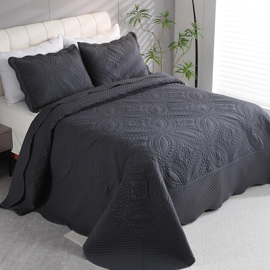 Cmfshape Oversize King Bedspread 128"x120",3 Piece California King Quilt,Lightweight Grey Quilt Set for All Season,Modern Coin Pattern Bedding Set