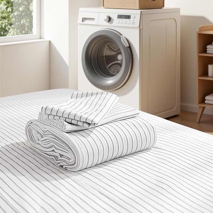 NEXHOME PRO Striped Duvet Cover King Size,100% Washed Cotton Bedding Set,Textured Linen Feel,Breathable,Organic,3 Piece(Grey Stripes 104x90)