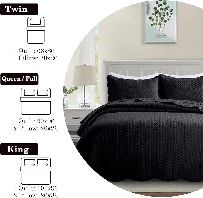 MOONLIGHT20015 Twin Quilt Bedding Set (68” x 86”) - Bulk Pack of 10 Wholesale for Hotels, Guest Bedroom & Airbnbs - Lightweight Microfiber Reversible Embossed Quilts Bedspreads (Black)