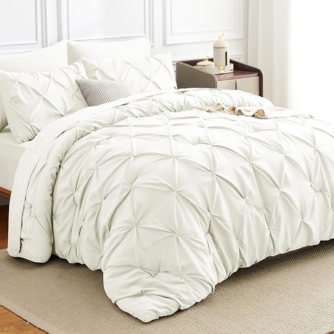 Queen Comforter Set Ivory, 7 Pieces Pintuck Bed in A Bag Queen Size Bedding, Soft Bed Set All Season Pinch Pleat Comforter Set with Sheets, Pillowcases & Shams