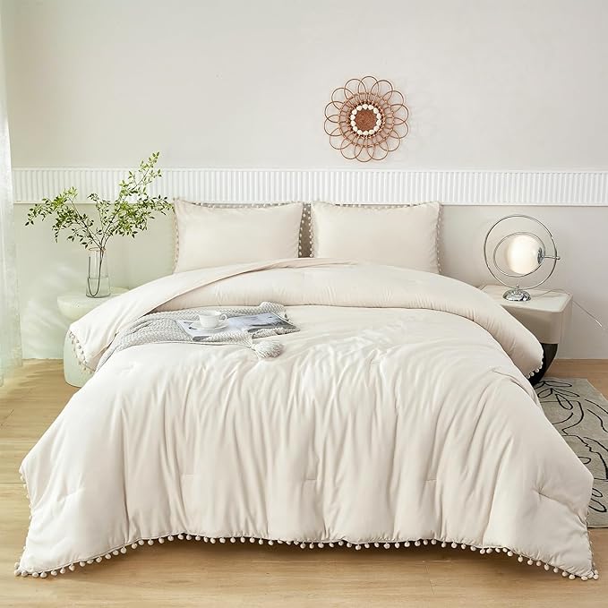 PERFEMET Beige Bed in A Bag Full Size 5 Pieces Aesthetic Pom Pom Bedding with Sheet Set Soft Fluffy Cream Boho Solid Bed Set for All Seasons(Beige Cream, Full)