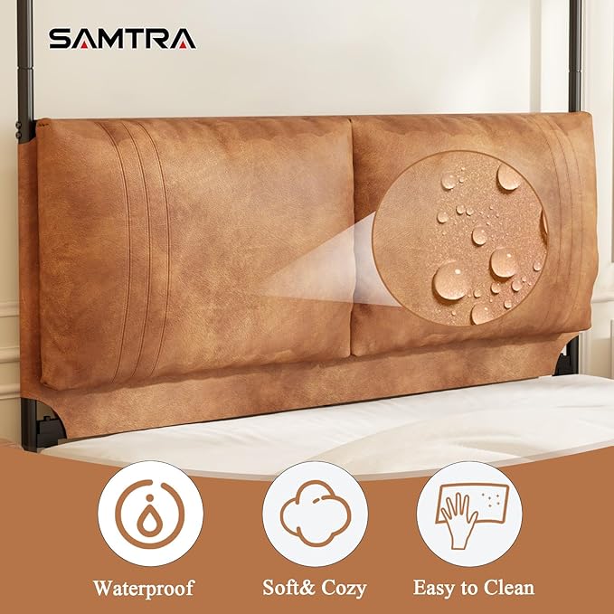 Modern Canopy Bed Frame with Upholstered Faux Leather Headboard – Tall Four Poster Metal Platform Bed, No Box Spring Needed, Queen Size, Brown and Black