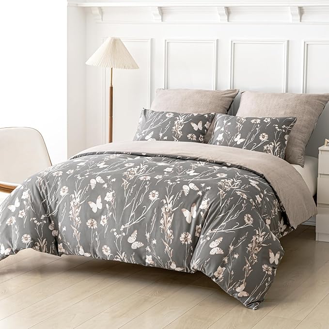 Lekesky Grey Duvet Cover Set King Size, Reversible Vintage Print Comforter Cover King Size 3pc, Soft 100% Washed Microfiber Grey Bedding Sets with Zipper Ties and 2 Pillowcases