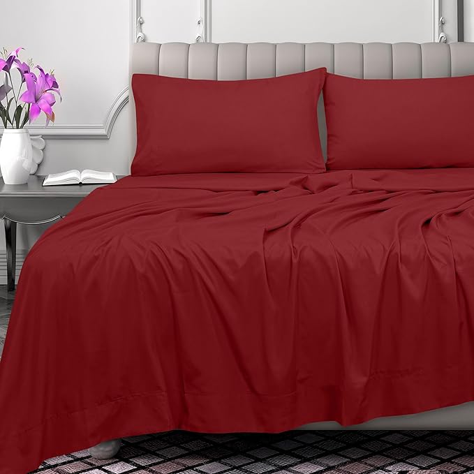 Royale Linens 300 Thread Count 100% Long Staple Combed Cotton Flat Sheet - Super Soft - Top Sheets - Full Flat Sheet Sold Separately - Breathable, Cool & Crisp Percale Sheets Only (Full, Red)